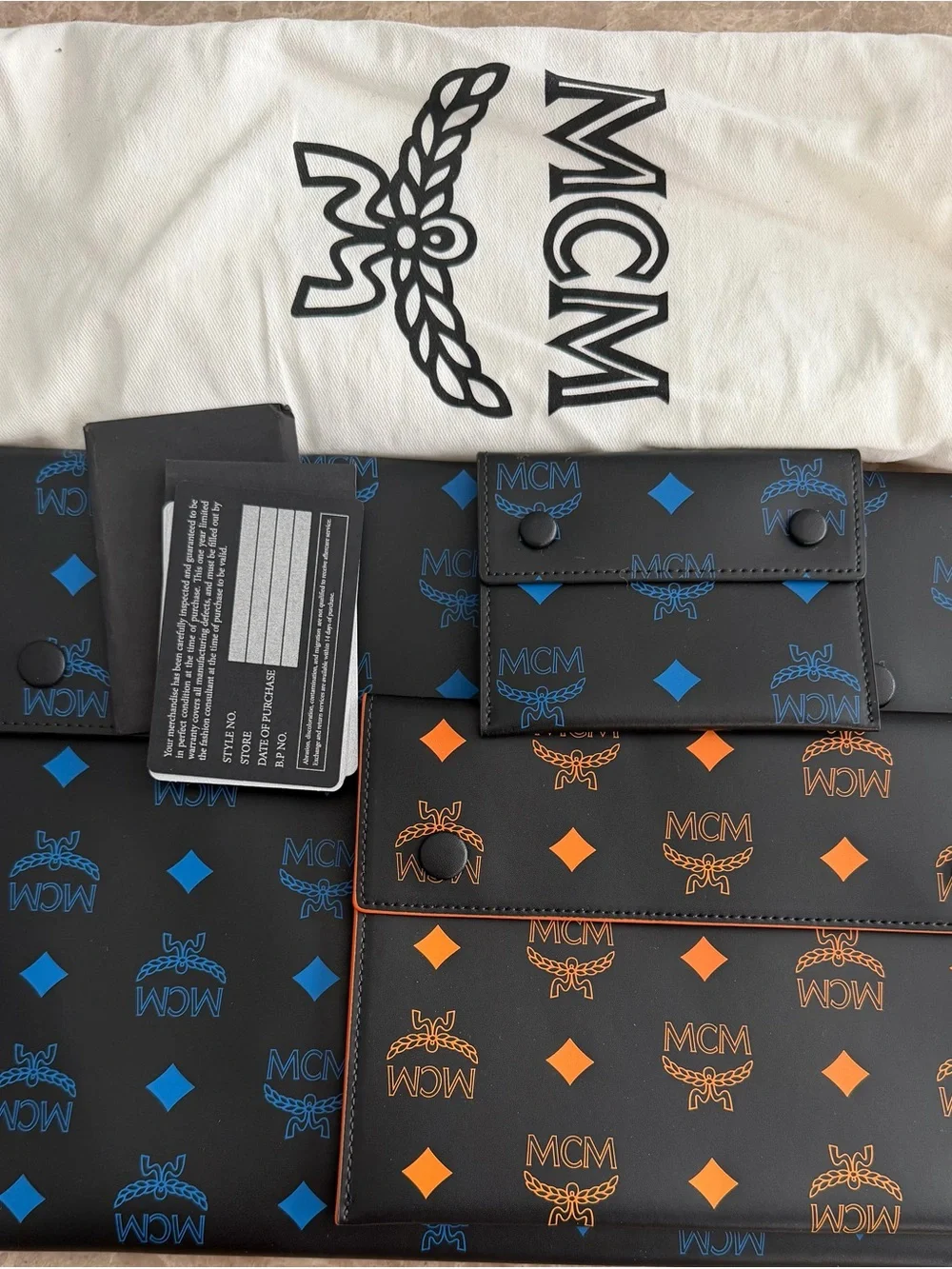 MCM Black Leather Wallet & Card Holder Set with Blue and Orange Print